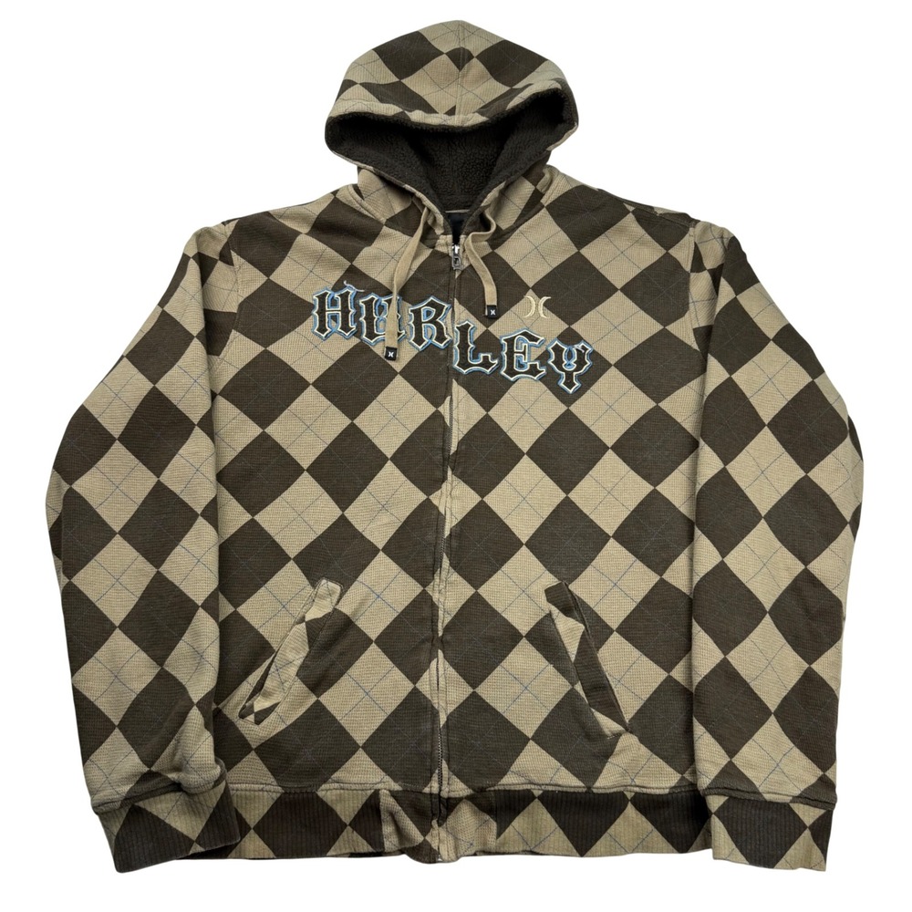 VTG Y2K Hurley Mens XL Argyle Sherpa Lined Full Zip Hoodie Brown Skater Grunge